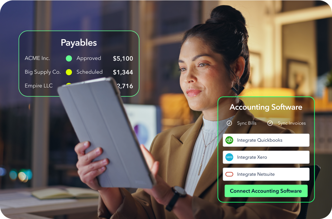 Woman using accounts payable software on her tablet to streamline payment workflows. Woman using accounts payable software on her tablet to streamline payment workflows.